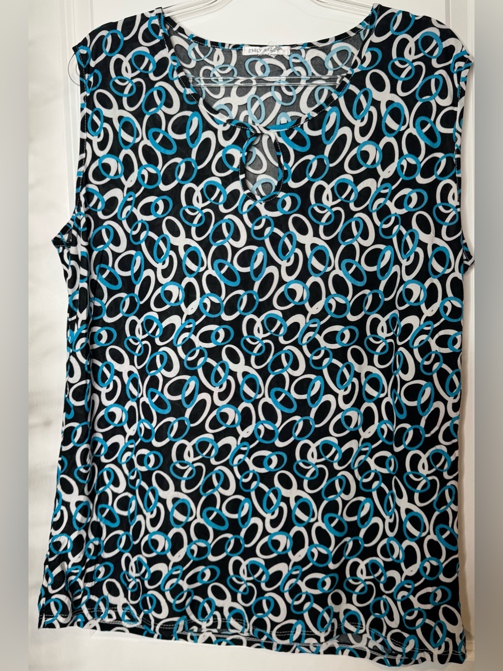 Emily Stacy Black Tank Top with Teal & White Loop Print stretch sz LG short slv